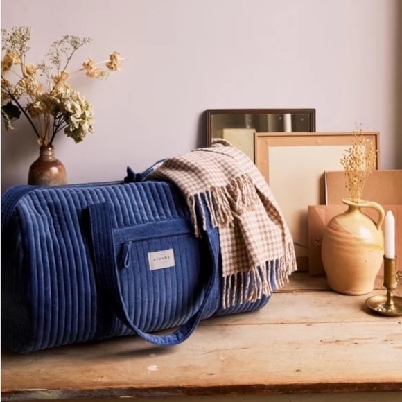 Sezane Handbags - Sezane NWT XXL Velvet Velour Quilted Travel Bowling Bag in Midnight Blue